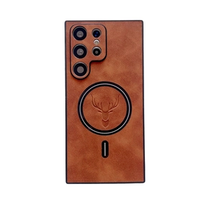 Brown leather texture case for Samsung S24 Ultra with MagSafe and deer head pattern