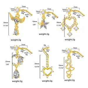 Detailed size chart for gold heart and butterfly nose studs with 20G thickness dimensions