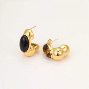 French vintage style C-shape gold earrings with black agate and tiger eye stones