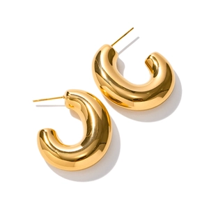 Polished 18K gold stainless steel chunky C-hoop earrings for women on white background