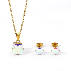 Minimalist gold plated stainless steel jewelry set with square iridescent zircon stones