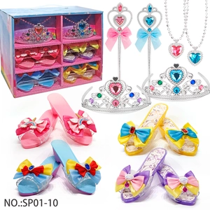 Kids princess pretend play jewelry set with colorful heels, crowns, necklaces and wands
