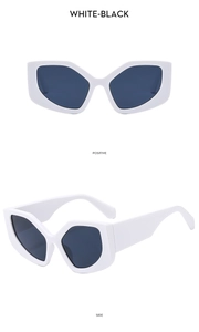 Detail view of stylish polygonal sunglasses with white frames and black lenses from two angles