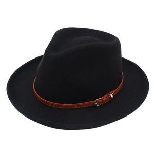 Classic black wool fedora hat with a thin brown faux leather belt and gold buckle