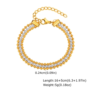 Macro shot of triple-layer gold and silver bead chain with lobster clasp and size details