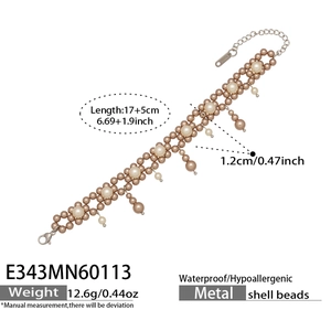 Detailed size specifications of shell pearl beaded tassel bracelet with dimensions in inches