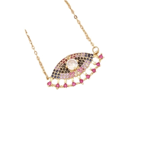 Golden evil eye pendant necklace with colorful cubic zirconia on a dainty chain