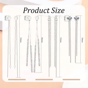 Size guide for elegant silver tassel earrings with pearls and crystal rhinestones