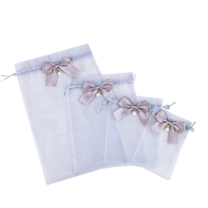 Organza Gift Bags Gray Mesh Drawstring Pouches With Bow And Faux Artificial Pearl Ornament For Wedding Party Jewelry Packaging