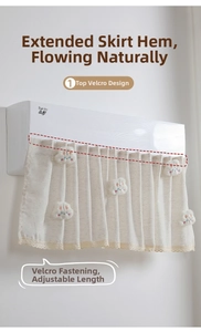 Detail of beige pleated air conditioner cover with lace trim and plush bunny dolls