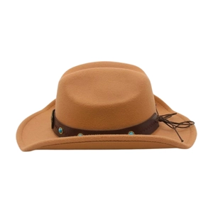 Detail of camel wool felt cowboy hat with brown leather band and turquoise studs decoration