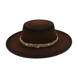 Men's retro dark brown wide brim wool felt jazz hat with jeweled gold ethnic band