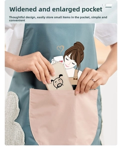 Close-up of pink oversized pocket on waterproof kitchen apron with cartoon design