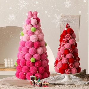 DIY plush ball Christmas tree set for home decor with pink fluffy pom poms