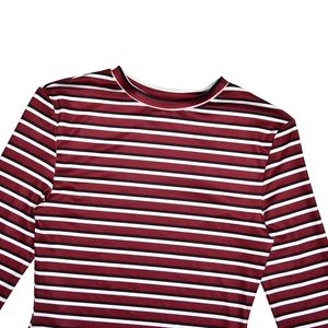 Close-up of crew neck long sleeve top with red, white and black horizontal stripes