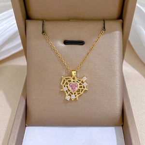 Hollow Heart Spider Web Pendant Necklace Stainless Steel Chain Copper Micro Pave Pink Zircon Elegant Jewelry For Women