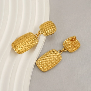 Textured gold square dangle earrings with woven rectangular pattern in vintage metal style