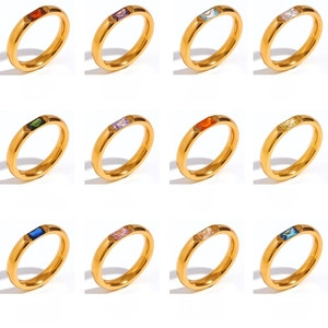 Grid display of 12 birthstone rings in 18K gold finish with colorful rectangular stones