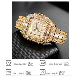 Detailed size parameters of gold iced-out hip hop watch with full crystal inlay and square dial