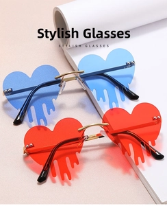Macro detail of rimless heart-shaped sunglasses with stylish fluid drip effect lenses