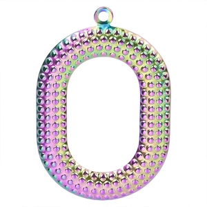Detailed macro view of rainbow plated stainless steel O-shaped charm with dot texture