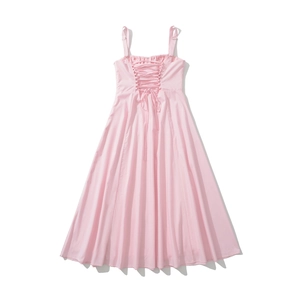 Pink French vintage midi dress featuring lace-up back detail and adjustable straps