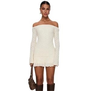 Elegant white off-shoulder lace long sleeve mini dress with 3D textured fabric for women