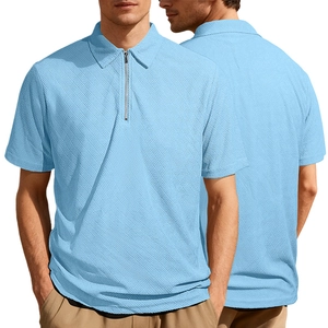 Men's sky blue waffle knit polo shirt with zipper neck shown in front and back views