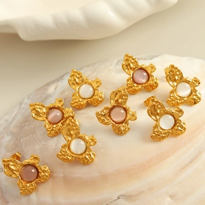 Vintage French Titanium Steel Flower Stud Earrings For Women Gold Plated Irregular Camellia Cat Eye Stone Aesthetic Jewelry