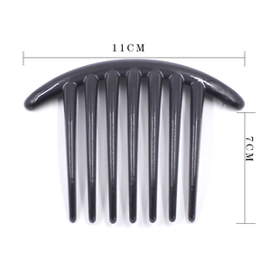 Detail view of a black hair side comb showing dimensions 11cm width and 7cm height