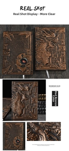 Detailed 3D embossed dragon and castle texture on bronze PU leather notebook cover