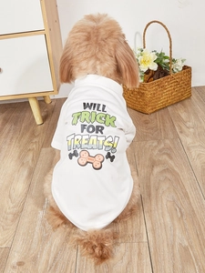 Detail showing breathable mesh fabric of white dog T-shirt with Halloween trick-or-treat print
