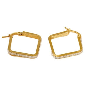 Square gold-plated stainless steel hoop earrings with sparkling crystal pavé on white background