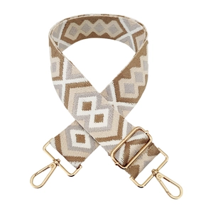 Adjustable wide replacement bag strap with geometric diamond ethnic patterns and gold hooks