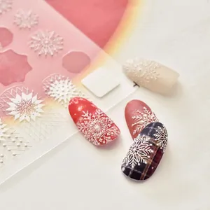 5D embossed white snowflake nail art stickers with realistic 3D textured winter designs