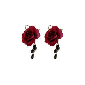 Elegant vintage red rose drop earrings with black crystal tassels on white background