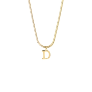 Detail of 18K gold stainless steel necklace with uppercase letter D pendant on snake chain