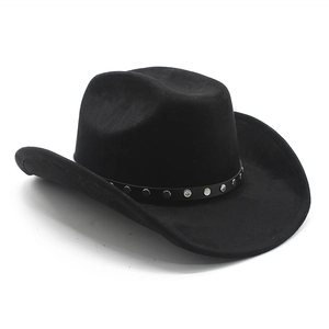 Detail of black suede cowboy hat featuring silver metal studs on a decorative belt