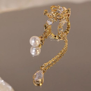 Gold leaf zircon tassel ear cuff with hanging pearl and drop-shaped crystal gemstone
