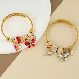 Elegant gold butterfly crystal tassel beaded cuff bracelets with stainless steel wire design