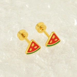 Macro detail of watermelon slice stud earrings with red enamel and gold finish