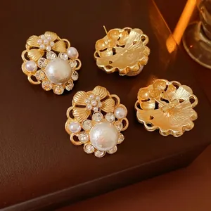 Vintage Flower Stud Earrings With Imitation Artificial Pearl Rhinestone Alloy And Silver Earring Post Elegant Wedding For Women