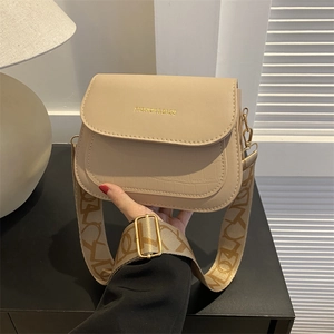 Minimalist beige stone pattern PU leather saddle bag with wide printed shoulder strap
