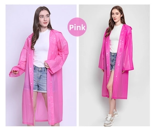 Waterproof pink semi-transparent EVA hooded raincoat with snap buttons for outdoor travel