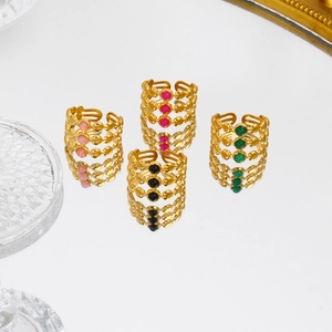 Set of four 18k gold plated stainless steel C-shaped rings with colorful natural stones
