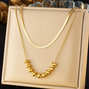 Double Layer Necklace 18K Gold Plated Stainless Steel Flat Snake Chain With Geometric Oval Bead Accents For Women Trendy