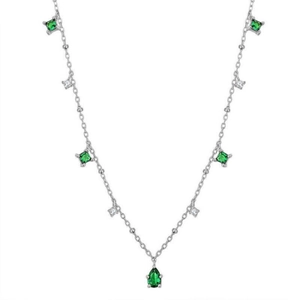 Elegant vintage necklace with green emerald-like gemstones and white stones on silver chain
