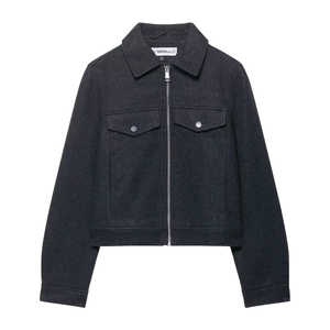 Women's dark gray zip-up bomber jacket with collar and chest pockets in wool texture