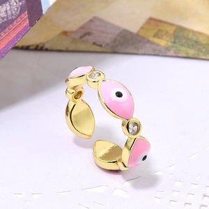 Adjustable golden open ring with pink enamel evil eye design and cubic zirconia stone