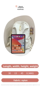 Detailed view of white nylon backpack with size 45x30x13cm next to a tablet for scale